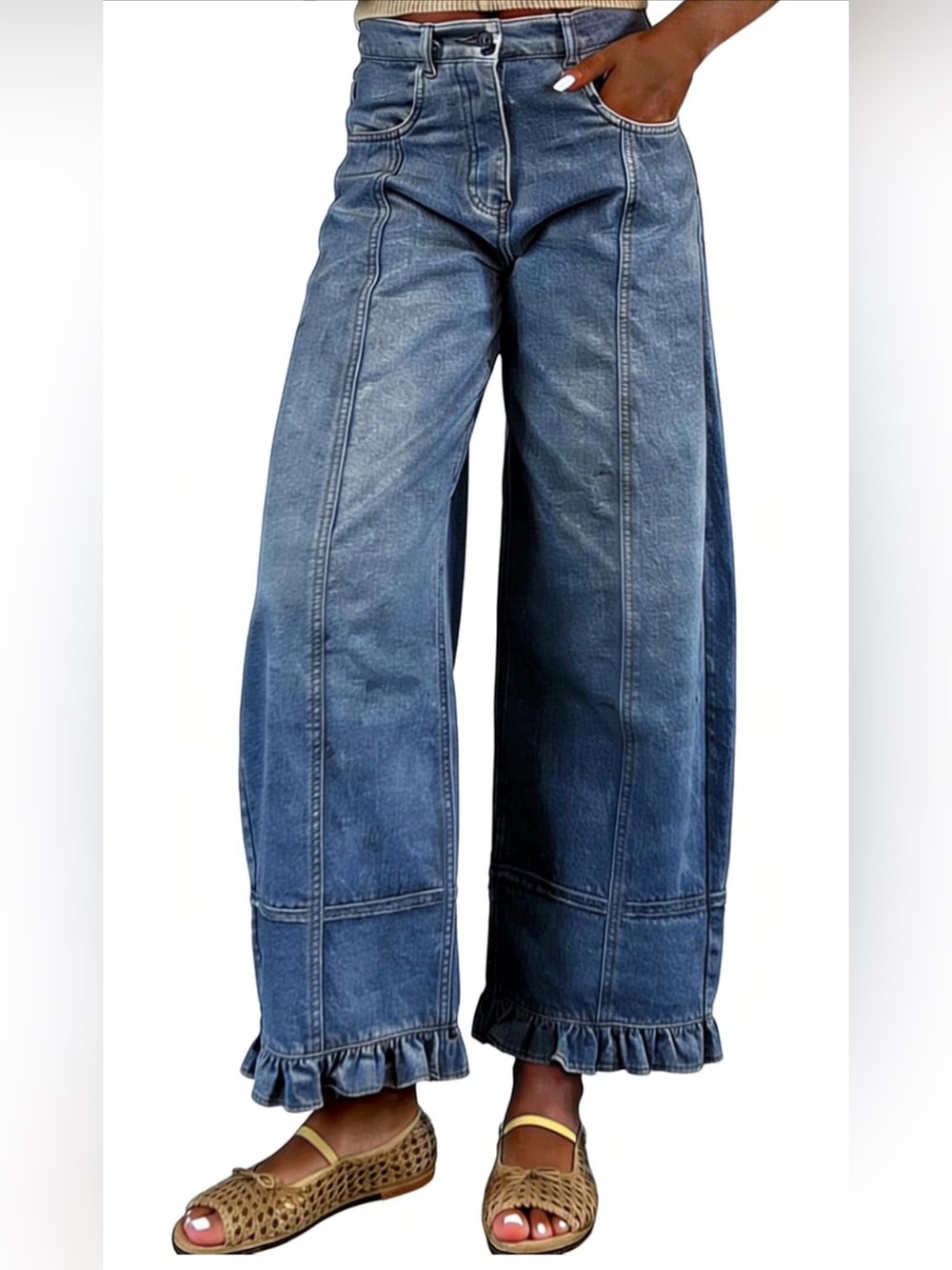 NWT & NIB-Barrel patchwork Ruffle Hem Denim